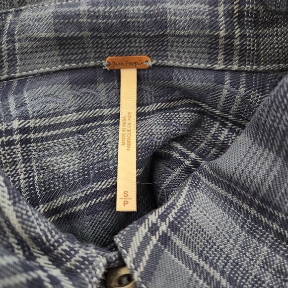 Free People Stevie's Embellished Blue Gray S Plaid Button Down Flannel Pockets - Picture 5 of 5